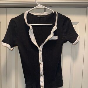 Zara Black Ribbed Top with White Trim
